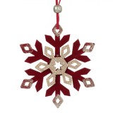 Ornament Brad Crăciun Fulg, Lemn, Catifelat, Bordo, Glitter Auriu, 10x10cm, Oem