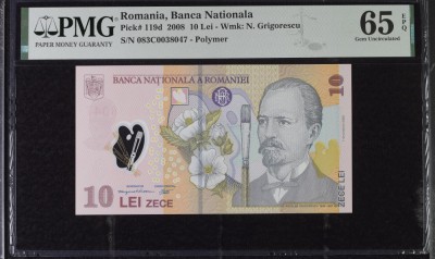 10 lei 2008 gradata PMG 65 EPQ Gem Unc, polimer foto