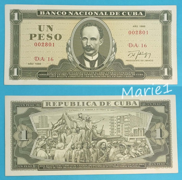 Cuba 1 Peso 1986 &#039;Fidel Castro&#039; UNC serie: DA16 002801 p#102