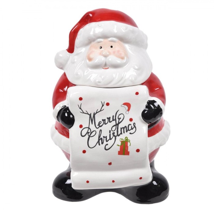 Cutie Biscuiți Ceramică, Model Crăciun, Culoare Alb-Roșu, Dimensiuni 16x18x27 cm, Mesaj Merry Christmas