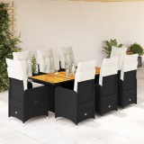 VidaXL Set bistro de grădină, 9 piese, cu perne, negru, poliratan