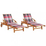 Set 2 Șezlonguri vidaXL Lemn Acacia, Pliabile, cu Perne, Roți, Spătar Reglabil, Exterior, Grădină, Terasă, 199x67cm