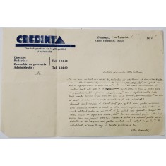 SCRISOARE EXPEDIATA DE ROMANCIERUL PETRU MANOLIU REGIZORULUI SICA ALEXANDRESCU , CU ANTETUL ZIARULUI &#039;&#039; CREDINTA &#039;&#039; , BUCURESTI , 1935