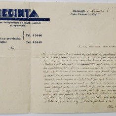 SCRISOARE EXPEDIATA DE ROMANCIERUL PETRU MANOLIU REGIZORULUI SICA ALEXANDRESCU , CU ANTETUL ZIARULUI '' CREDINTA '' , BUCURESTI , 1935
