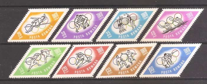 Romania 1964, LP 589 + 589 a - JO Tokyo, serie dant. + nedant., 4 poze, MNH