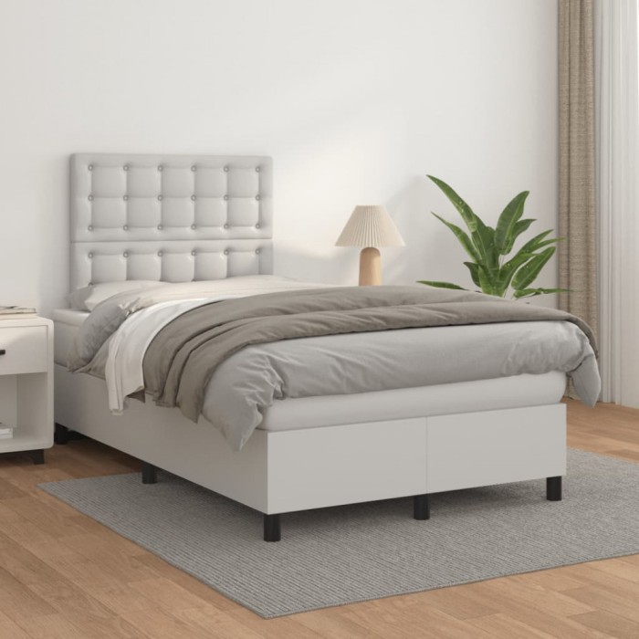 vidaXL Pat box spring cu saltea, alb, 120x200 cm, piele ecologică 3142834