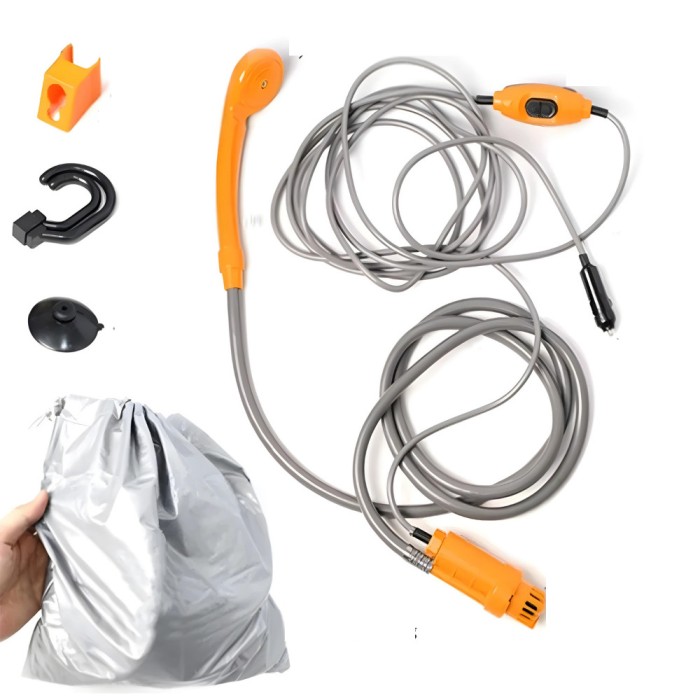 Set dus auto electric portabil pentru camping, 12 V, cablu alimentare 4.5 m, culoare portocaliu
