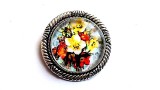 Brosa Flori Galbene Rosii, Metal si Sticla, 40mm, Bleu/Albastru Deschis, Bijuterie Cadou Femei