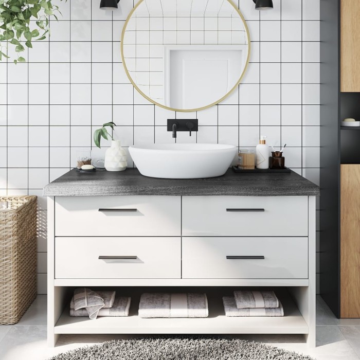 vidaXL Blat de baie, gri &icirc;nchis, 100x60x(2-6) cm, lemn masiv tratat