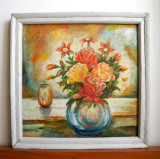 Natura statica florala - pictura originala ulei pe panza, inramata 40 x 39 cm, Flori, Impresionism