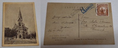 Carte Postala, timbrata ( timbru Transnistria), corespondenta Bucuresti, datata anul 1942 - CENZURAT - Odesa Biserica Luterana - piesa rara foto