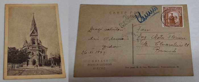 Carte Postala, timbrata ( timbru Transnistria), corespondenta Bucuresti, datata anul 1942 - CENZURAT - Odesa Biserica Luterana - piesa rara