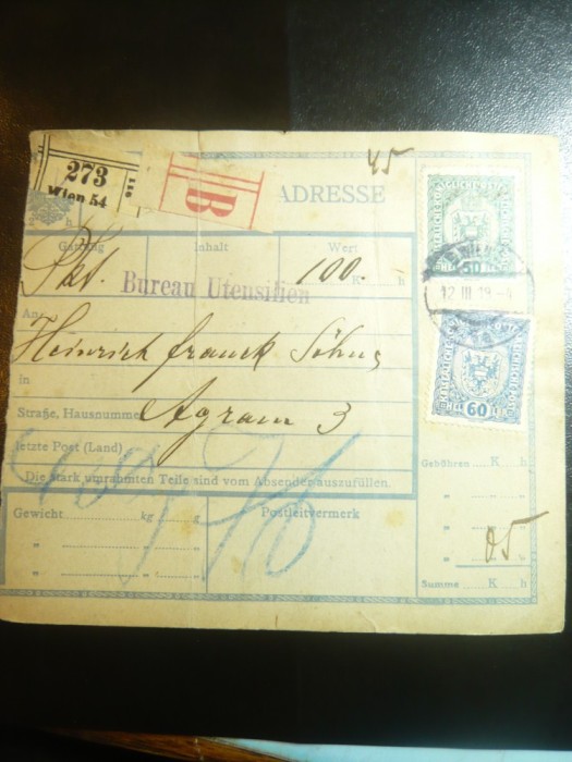 Fraht Comercial francat postal cu 2x60 haleri Austria 1919 cu timbre imperiale