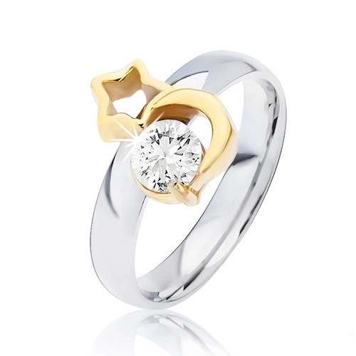 Inel din oțel de culoare argintie, lună și contur stea aurii, zircon transparent - Marime inel: 52