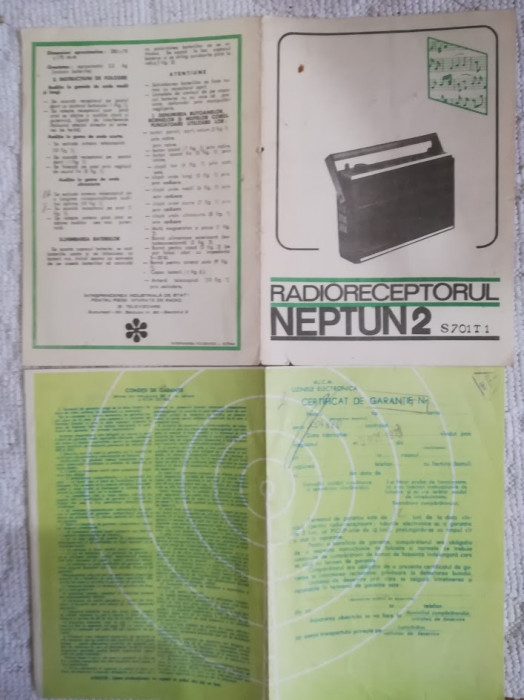 1973, Lot 2 documente radioreceptor NEPTUN 2, comunism, uzinele ELECTRONICA