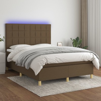 vidaXL Pat cu arcuri, saltea și LED, maro &amp;icirc;nchis, 140x200 cm, textil 3135440 foto
