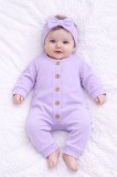 Salopeta lila bebelusi din bumbac ribat cu nasturi si bentita, confortabila si