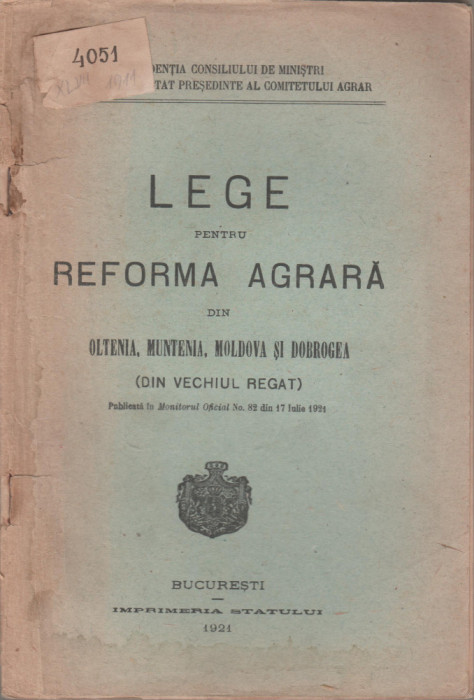 Lege pentru reforma agrara din Oltenia, Muntenia, Moldova si Dobrogea