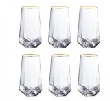 Set 6 Pahare Inalte 450 ml, DIAMOND, Sticla Subtire, cu Bordura Aurie, 8x15 cm