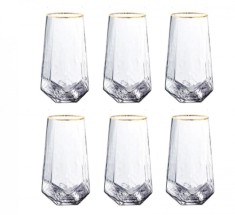 Set 6 Pahare Inalte 450 ml, DIAMOND, Sticla Subtire, cu Bordura Aurie, 8x15 cm foto