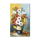 Tablou pictat manual, Carafa cu maci, anemone si albastrele, 50x30cm ulei pe panza, gata de agatat pe perete