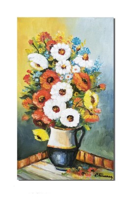 Tablou pictat manual, Carafa cu maci, anemone si albastrele, 50x30cm ulei pe panza, Constantin Feraru foto