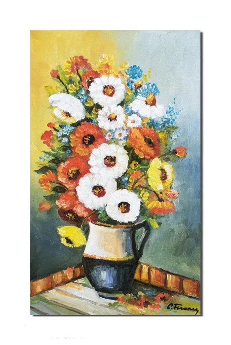 Tablou pictat manual, Carafa cu maci, anemone si albastrele, 50x30cm ulei pe panza, Constantin Feraru