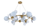 Candelabru modern, 9 globuri albe din sticla, dulie 9xE27 + 27 petale albe, diametru 89CM, inaltime 100cm, culoare corp auriu