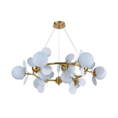 Candelabru modern, 9 globuri albe din sticla, dulie 9xE27 + 27 petale albe, diametru 89CM, inaltime 100cm, culoare corp auriu