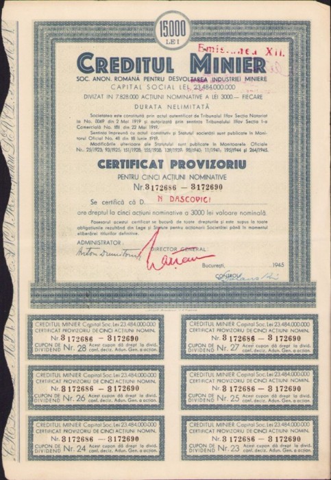 A543 Acțiune Creditul Minier pe numele academicianului Nicolae Dașcovici