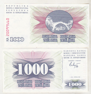 bnk bn Bosnia 1000 dinari 1992 unc foto