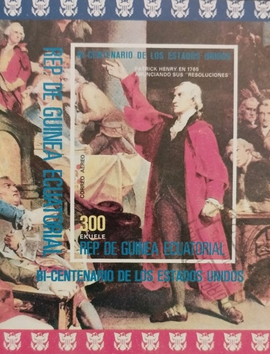 BC209, Guinea Ecuatoriala 1976, 2 colite bi-centenar Statele Unite, picturi, stampilate