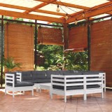 vidaXL Set mobilier grădină cu perne, 10 piese, alb, lemn masiv pin