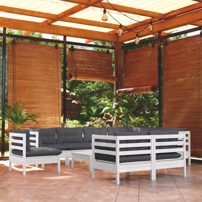 vidaXL Set mobilier grădină cu perne, 10 piese, alb, lemn masiv pin 3096774