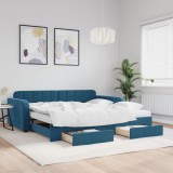 Pat de zi extensibil vidaXL, albastru, 100x200 cm, catifea, cu 2 sertare depozitare si 2 saltele incluse