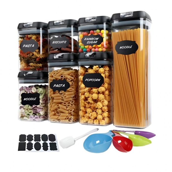 Set Cutii de Depozitare a Alimentelor, Cyrax, 7 Recipiente, 10 Etichete Reutilizabile, 4 Linguri, pentru Bucatarie, Spatula, Etansare, Fara BPA, Trans