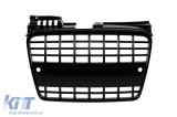 Grila lac negru fara emblema tip S4 potrivita pentru Audi A4 B7 sedan, break 2004-2007 cu deschideri pentru senzori de parcare, pentru bara de protect