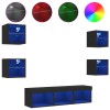 Unitati de perete TV cu LED-uri, 7 piese, negru, lemn prelucrat