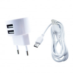 Set incarcator retea XO-L62 87179, 2.4 A, 2 X USB, cu cablu USB si conector USB Tip C tata cu lungime 1m, alb