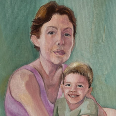 Portret, PICTURA ulei, TABLOU nou - MAMA SI COPILUL-, pictor roman consacrat