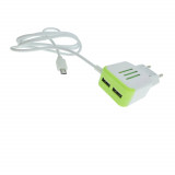 Cumpara ieftin Incarcator la priza Euro, 2 porturi USB, DC 5V 3.1A, LED, cablu 85 cm cu conector microUSB, alb cu verde, Oem