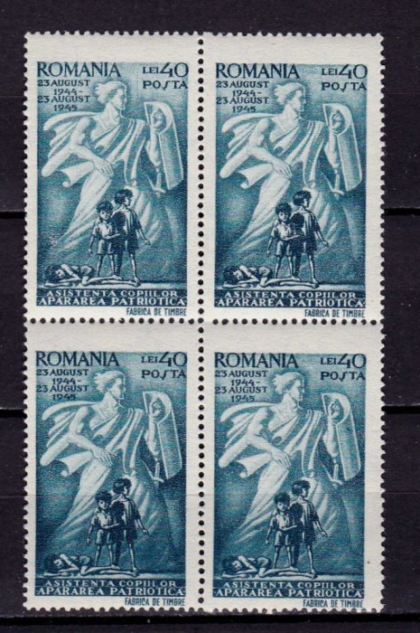 ✅ RO 1945 LP 177 &quot; Asistenta copilului &quot; , serie in bloc de 4 , MNH