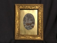 arta / design / vintage - Tablou goblen / cusatura miniatura peisaj de iarna rama din lemn !