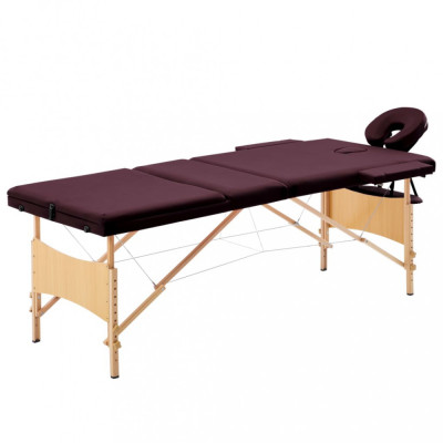 Masă de masaj pliabilă, 3 zone, violet vin, lemn foto