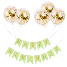 Set 5 baloane confetti auriu si banner Happy Birthday verde foto