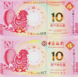 Bancnota Macao 10 Patacas 2017 - PNew UNC (Anul cocosului - set x2 BNU + BoC)