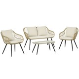 Outsunny Set Mobilier de Grădină din 4 Piese cu Canapea, 2 Fotolii cu Perne Lavabile și Măsuță, 120x65x78 cm, Bej | Aosom Romania