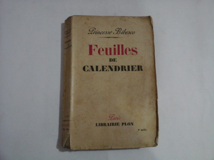 Feuilles de CALENDRIER - Princesse BIBESCO - Paris, 1939