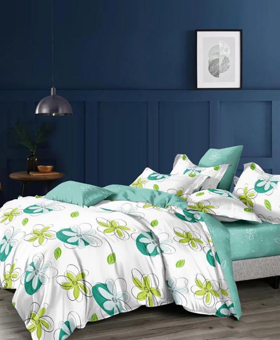 Lenjerie de pat matrimonial cu husa elastic pat si fata perna dreptunghiulara, Ena, bumbac mercerizat, multicolor