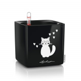 LECHUZA Jardinieră de masă CUBE Glossy CAT 14 ALL-IN-ONE negru lucios